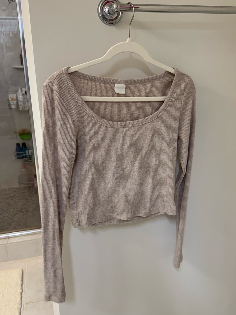 H&M Ribbed Scoop-Neck Long Sleeve Top - Taupe